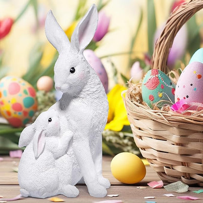 basen Outdoor White Bunny Figurines Mother and Baby Rabbit Resin Decor, Weather Resistant Garden Statue for Yard Patio Lawn, Easter Spring Decoration, Cute Animal Ornament for Home or Gift