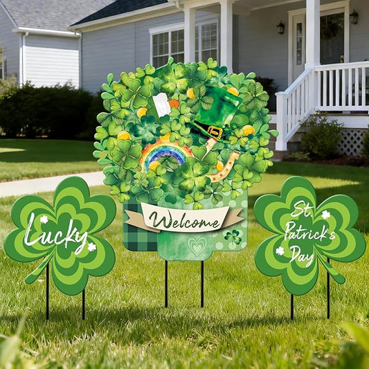Lawnldyll 3 Pcs Metal St. Patrick's Day Yard Signs with Lucky Shamrocks Happy St. Patrick's Day Hanging Door Decor Welcome Yard Stakes for Irish Holiday Home Patio Lawn Outdoor Indoor Decor
