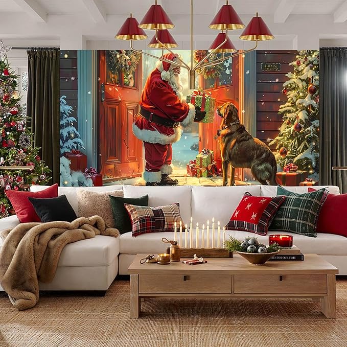 HOMETITUTE Christmas 13x6ft Garage Door Banner Santa Claus Dog Gift Scene Winter Night Holiday Porch Backdrop Indoor Outdoor Wall Background Decor Festive Family Celebration Display Party