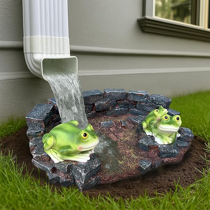 Decorative Frog Statue Splash Block Gutter Downspout Outdoor Garden Decor, Larger Gutter Downspout Statues for Patio,Yard and Lawn Accessory, Stone Resin Rain Concrete Gutter Guardian,14"L x 9.5"W