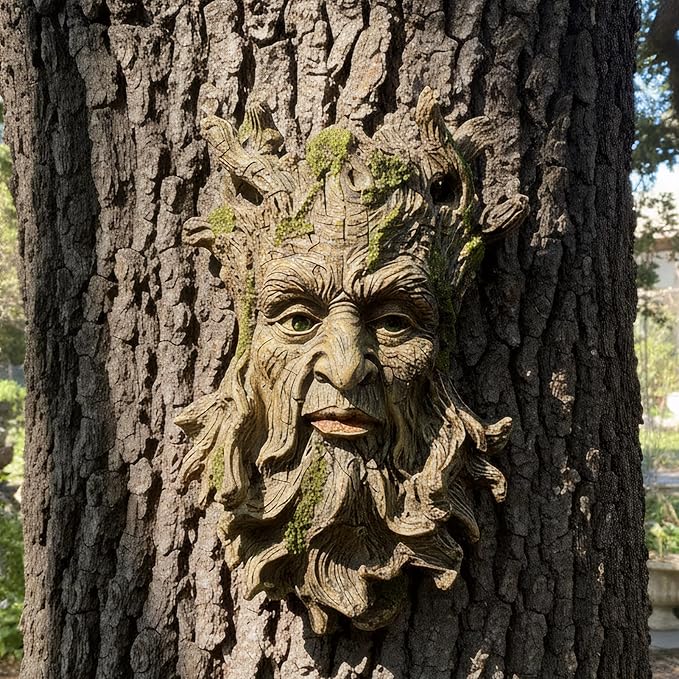 Old Man Tree Face Hugger Outdoor Decor, Handmade Tree Art Resin Statue with Foliage & Root Details, Whimsical Hanging Yard Art for Garden Wall Fence