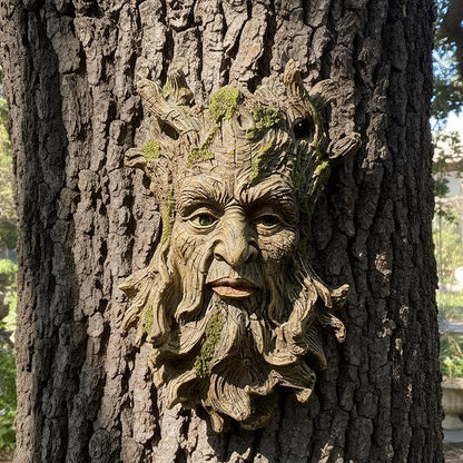 Old Man Tree Face Hugger Outdoor Decor, Handmade Tree Art Resin Statue with Foliage & Root Details, Whimsical Hanging Yard Art for Garden Wall Fence