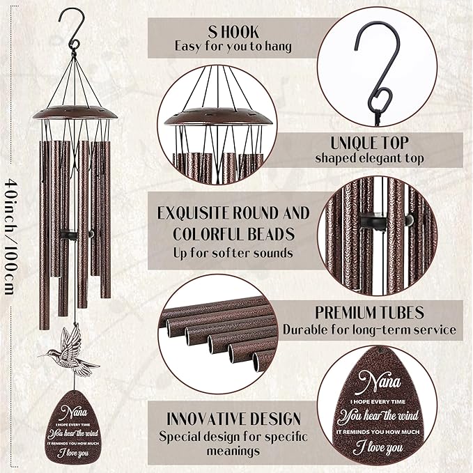 Nana Gifts Wind Chimes - Metal Hummingbird Windchimes with Card Indoor Outdoor Hanging Decor Best Grandma Gift from Grandkids for Appreciation Grandparents Day Christmas New Year Birthday
