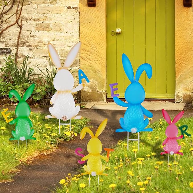5 PCS Easter Garden Stakes Decoration, Metal Adorable Bunny Yard Signs Holding Easter Spelling Letters for Courtyard Spring Lawn Flowerbed Patio Holiday Outdoor Display