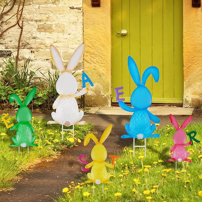 5 PCS Easter Garden Stakes Decoration, Metal Adorable Bunny Yard Signs Holding Easter Spelling Letters for Courtyard Spring Lawn Flowerbed Patio Holiday Outdoor Display
