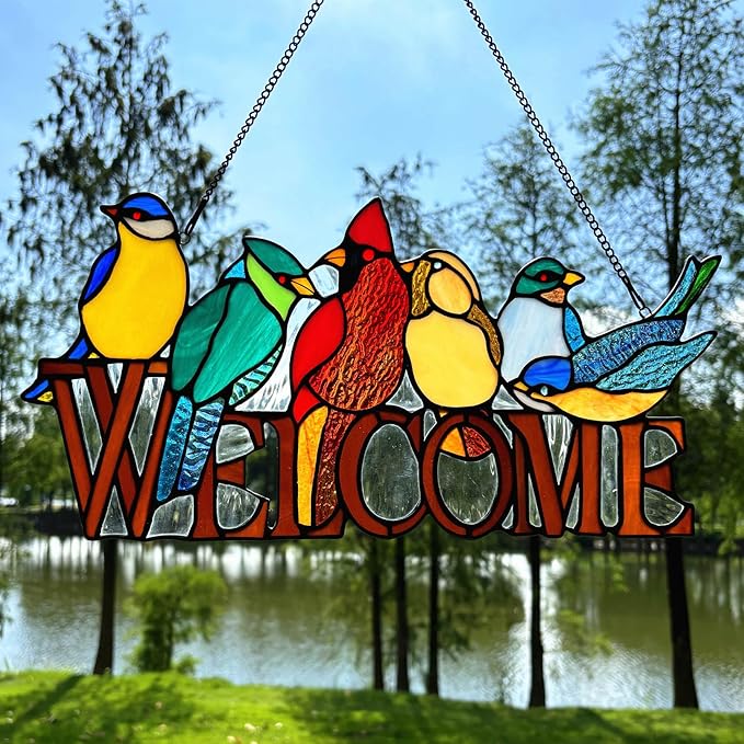 6 Birds Stained Glass Welcome Sign for Front Door Window Hanging Suncatcher, Handmade Tiffany Style Outdoor Welcome Signs Decor Gifts for Mom, Women, Bird Lovers, Bless This Home