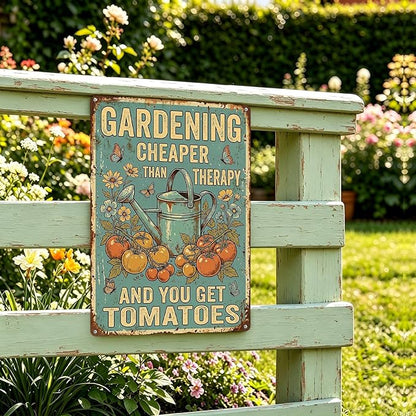 Vintage Metal Garden Sign, Gardening Cheaper Than Therapy Wall Decor, Funny Gardening Gifts for Women, Home Patio Yard Art, 8 x 12 Inches