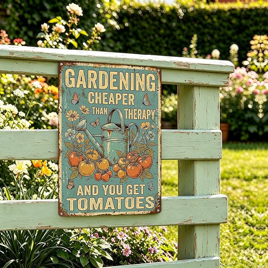Vintage Metal Garden Sign, Gardening Cheaper Than Therapy Wall Decor, Funny Gardening Gifts for Women, Home Patio Yard Art, 8 x 12 Inches