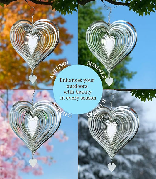 3D Stainless Steel Wind Spinner – 11.8" Hanging Garden Wind Spinner for Outdoor & Indoor Decor | Kinetic Metal Yard Art for Patio, Balcony, Porch or Living Room - Easy Installation (Heart)