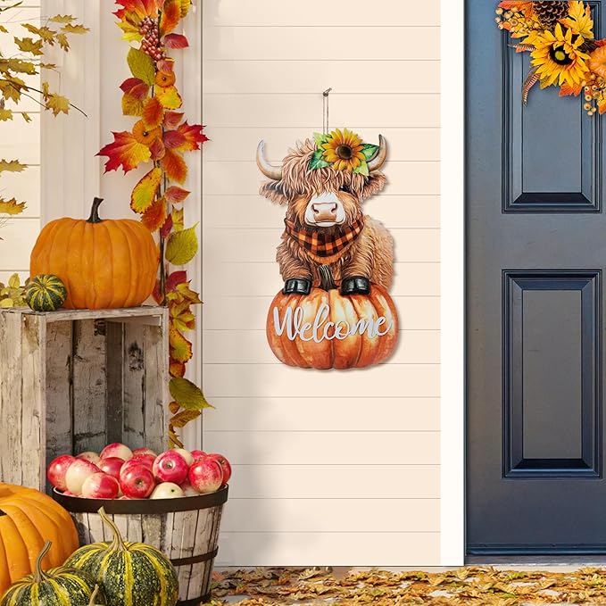 Glitzhome Fall Thanksgiving Yard Stake Decorations for Outdoor, 29.75" H Thanksgiving Metal Highland Cow Yard Stake or Wall Décor, Fall Garden Stakes for Patio Pathway Autumn Harvest Decorations