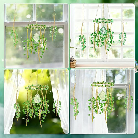 3 Pcs Crystal Suncatchers for Window Boho Decor, Green Plants Artificial Hanging Wind Chime Sun Catchers with Chain Rainbow for Indoor OutdoorDecor Plant Lover Gift (Purple)