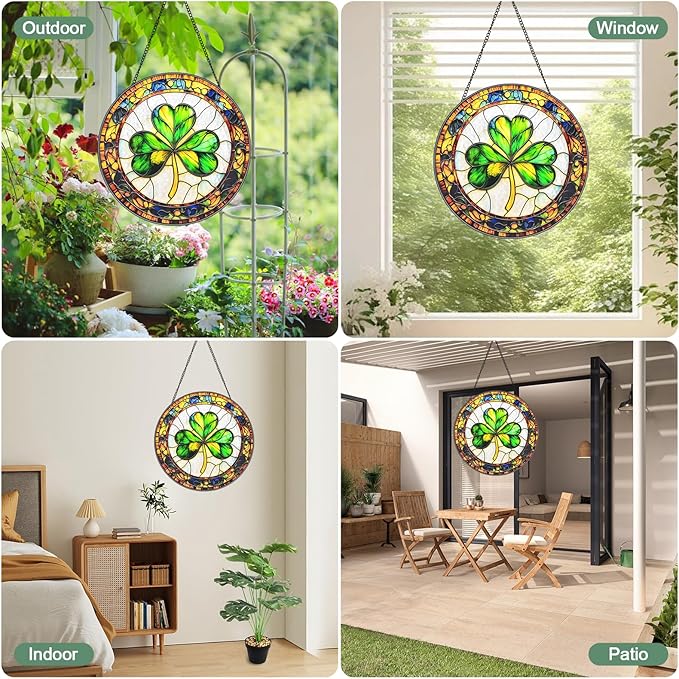 Ireland Shamrock Stained Glass Window Hanging Suncatcher with Chain - 7.9" Clover Outdoor/Indoor Art Decor for Home Garden, St. Patrick's Day, Mother's, Valentine's & Irish Ornaments Present