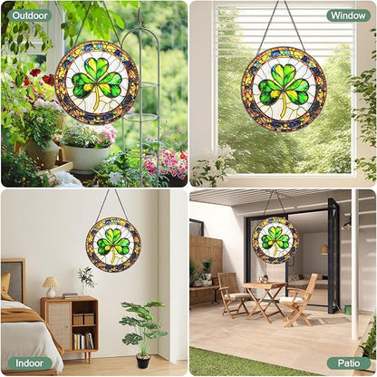 Ireland Shamrock Stained Glass Window Hanging Suncatcher with Chain - 7.9" Clover Outdoor/Indoor Art Decor for Home Garden, St. Patrick's Day, Mother's, Valentine's & Irish Ornaments Present