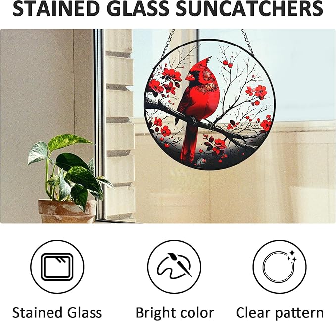 Red Cardinal Garden Suncatchers Outdoor, Cardinal on Branch Stained Glass Window Hanging for Kitchen Living Room, Birds Window Decor Birthday Gift for Mom Grandma 7.9"/20cm