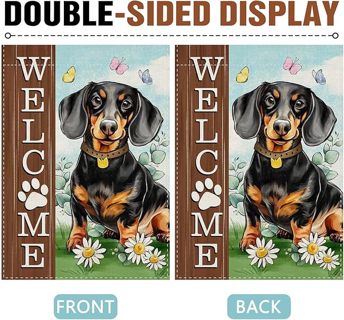 Dyrenson Welcome Dachshund Dog Decorative Garden Flag, Paw Prints Yard Outside Home Decoration Pet Owner Lover Gift, Spring Summer Burlap Outdoor Small Decor Double Sided 12 x 18