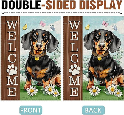 Dyrenson Welcome Dachshund Dog Decorative Garden Flag, Paw Prints Yard Outside Home Decoration Pet Owner Lover Gift, Spring Summer Burlap Outdoor Small Decor Double Sided 12 x 18