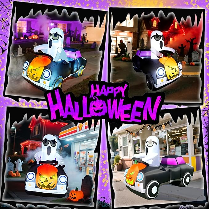 2025 Halloween Inflatables Monster Truck 8FT Long Ghost Driving a Pumpkin Car Inflatable Decor Outdoor with Build-in 12 Lights Car Blow Up Yard Decorations Cute Ghost Car BlowUp for Party Garden Lawn