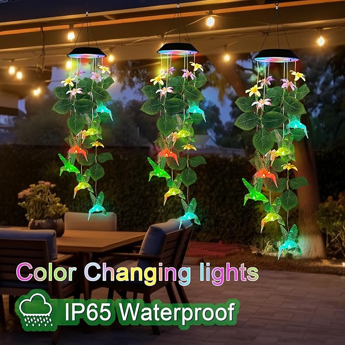 Hummingbirds Solar Wind Chimes Outdoor,Color Changing LED Dangler Mobiles for Outside, Hanging Decoraition for Patio,Porch,Yard,Gifts for Women