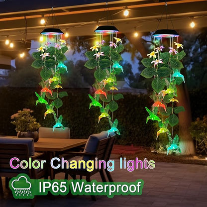Hummingbirds Solar Wind Chimes Outdoor,Color Changing LED Dangler Mobiles for Outside, Hanging Decoraition for Patio,Porch,Yard,Gifts for Women