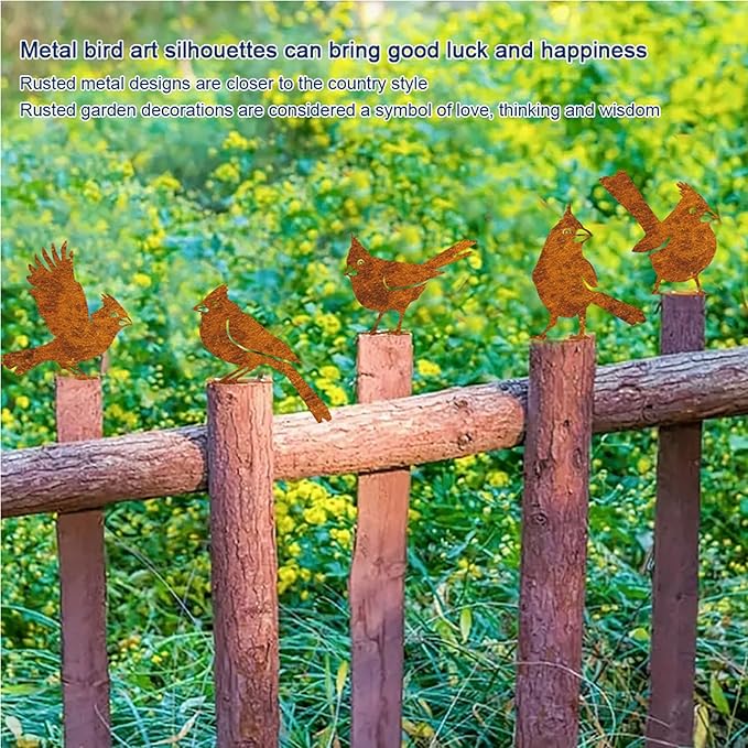 5PCS Rusty Metal Birds Decoration, Outdoor Fence Yard Decor, Metal Bird Art, Fence Decorations Outdoor, Rustic Garden Decor, Garden Sculptures Statues, Lawn Ornaments (Cardinal)
