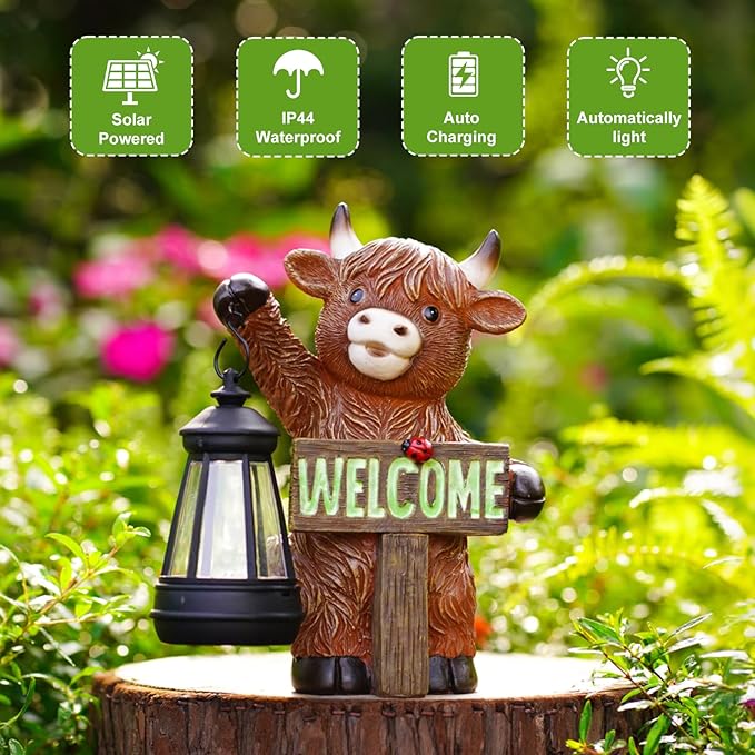 Highland Cow Decor Solar Garden Statues - Outdoor Figurines Decoration for Garden Yard Lawn Home Decor Outside : Unique Gifts for Mom Couple Grandma(Brown)