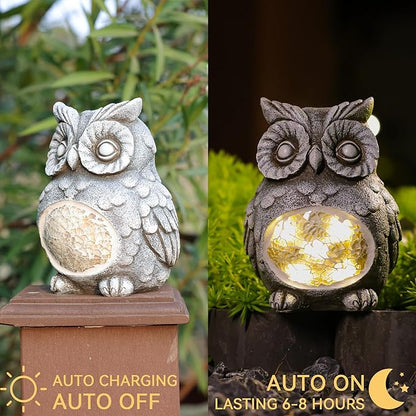Rezpuao Solar Owl Garden Statues Outdoor Decor Resin Owl Figurine with Solar Light for Patio,Balcony,Yard,Lawn Ornament,Perfect Garden Gift