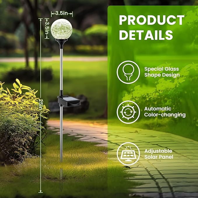GIGALUMI Solar Garden Lights 3 Pack, Solar Lights Outdoor Decorative Waterproof, Outdoor Solar Lights for Yard Decorations, Multi-Colored Changing Garden Globe Cracked Glass Ball with LED Lights