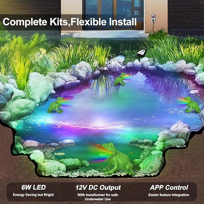 RGB Pond Light with APP, 6W Frog Fountain Lights with 12V Transformer, IP68 Waterproof Underwater Pond Lights with Long Cables for Ponds Waterfall Fountain Gardens Water Feature, 4 SpotLights