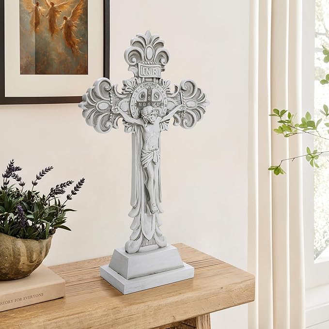 LuxenHome Jesus Cross Decor Statue, 19 Inch Tall Off White Polyresin Holy Cross Jesus Crucifix Statue, Standing Crucifix Catholic Decor for Indoor Outdoor Garden, Christ Sculpture Gift