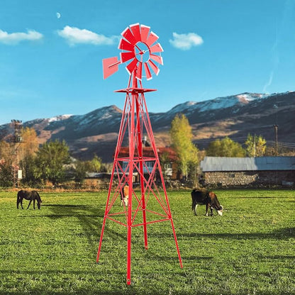 Outvita 8FT Ornamental Windmill, Heavy Duty Durable Metal Weather Vane Garden Decoration Weather Resistant for Garden, Yard, Farm, Seaside (8ft-red)