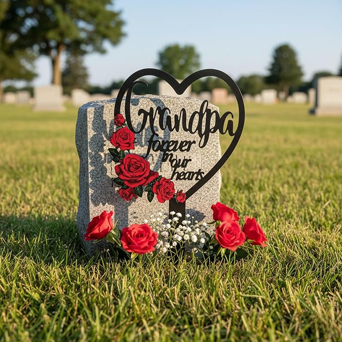 AIM & GGKK Memorial Stake for Grandpa - Metal Heart Grave Marker with Red Roses, Memorial Plaque Cemetery Decor for Grave, Garden, Gravesite