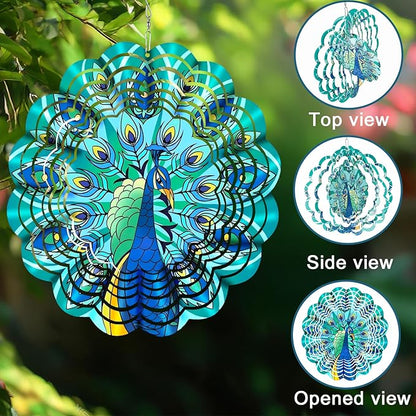 Wind Spinner Mandala 12 inch 3D Stainless Steel Laser Cut Metal Art Geometric Pattern Hanging Wind Spinner (Peacock)