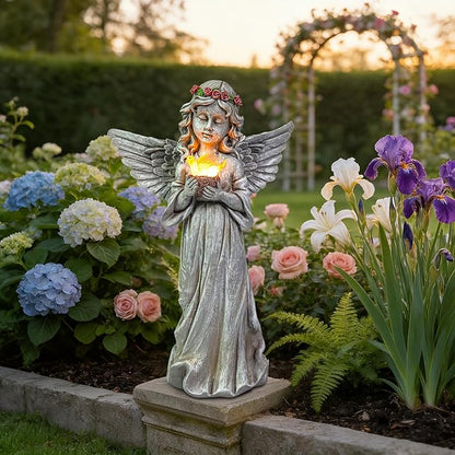 Angel Garden Statue Outdoor Decor, Angel Garden Figurine Hold Dove with Solar Lights Waterproof Resin Yard Art Decoration Lawn Ornament Sculpture for Outside Patio Yard Gift