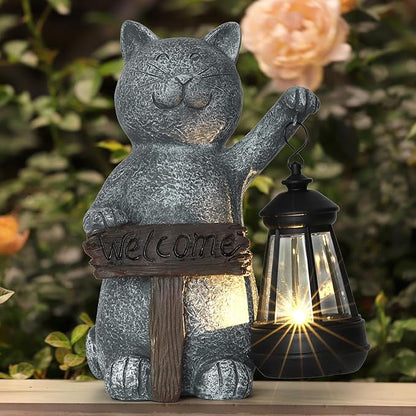 Garden Decoration Solar Powered Welcome cat Statue: Mothers Day Birthday Gifts for Mom Grandma Women Sister Wife Lady Lover - Balcony Garden Patio Lawn Porch Welcome Cat Decoration