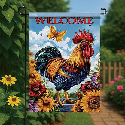 Spring Summer Garden Flag 12x18 Inch Colorful Rooster Welcome Floral Farm Animal Design Outdoor Yard Porch Lawn Garden for Seasonal Farmhouse Country Home Decor