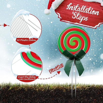 30 Pcs Christmas Outdoor Yard Signs Candy Decorations Outdoor Christmas Decorations Xmas Yard Lollipop Candy Hanging Ornaments Stakes Holiday Garden Sign Cardboard for Party Porch Lawn Walkway Decor