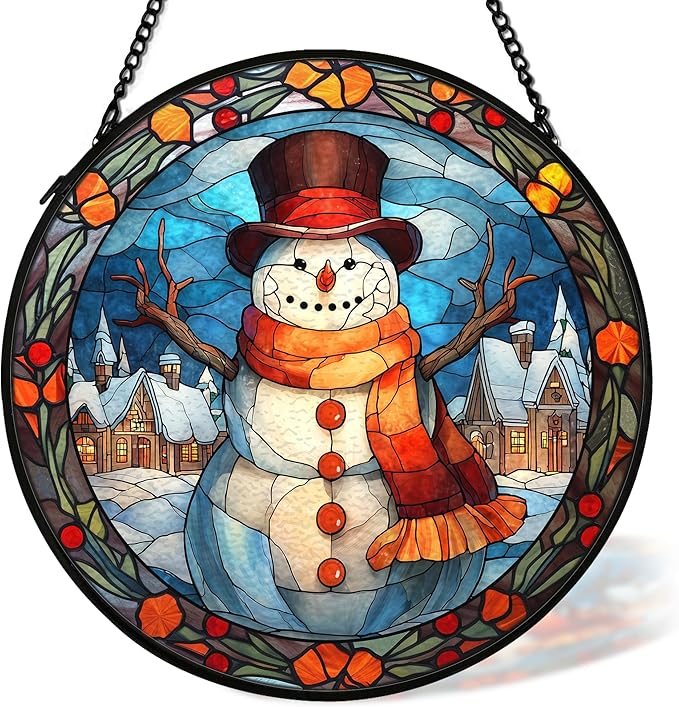 Christmas Snowman Suncatcher Stained Glass Window Hanging Decor, Winter Snowman Stained Glass Wall Decor, Christmas Garden Sun Catchers Indoor Window Hanging Wall Art, 7.9x7.9In