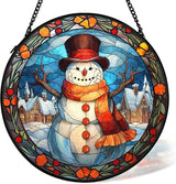 Christmas Snowman Suncatcher Stained Glass Window Hanging Decor, Winter Snowman Stained Glass Wall Decor, Christmas Garden Sun Catchers Indoor Window Hanging Wall Art, 7.9x7.9In