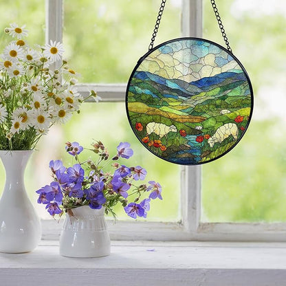Green Irish Hills Sheep Suncatcher Stained Glass Window Hanging, Mountain Landscape Sun Catchers Indoor Window Glass Wall Art Decor, Irish Wall Hanging Decor Decorations, 7.9x7.9 Inch