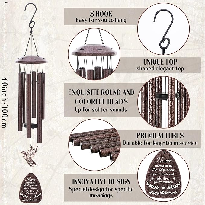 Retirement Gifts Wind Chimes - Metal Hummingbird Windchimes with Greeting Card Indoor Outdoor Hanging Decor Retirement Gift for Woman Men Grandma Grandpa Coworker Boss Teacher Nurse Friends