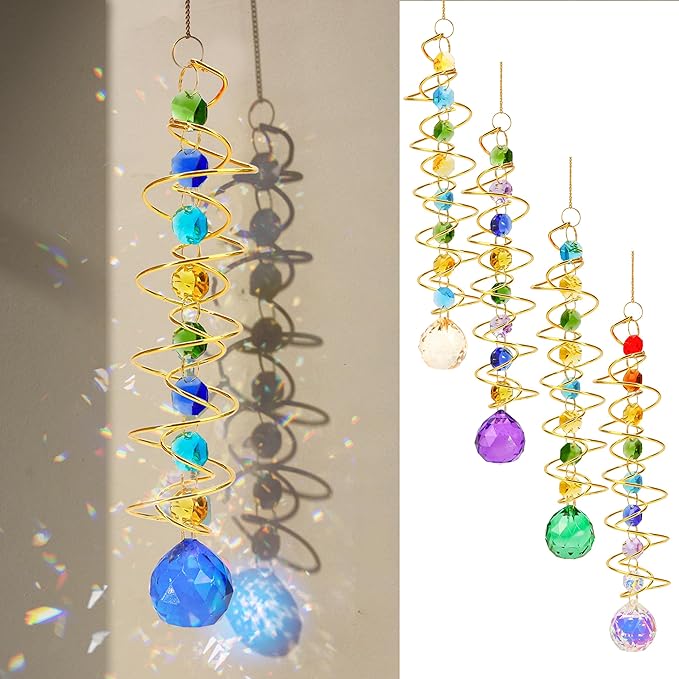 5 Pcs Wind Spinner Tail Gazing Ball Spiral 9'' for Indoor Outdoor Hanging Decor, Rainbow Maker Crystal Chime Sun Catcher w Seven Chakra Beads and Hook Decorative for Window Home Garden Birthday Gift