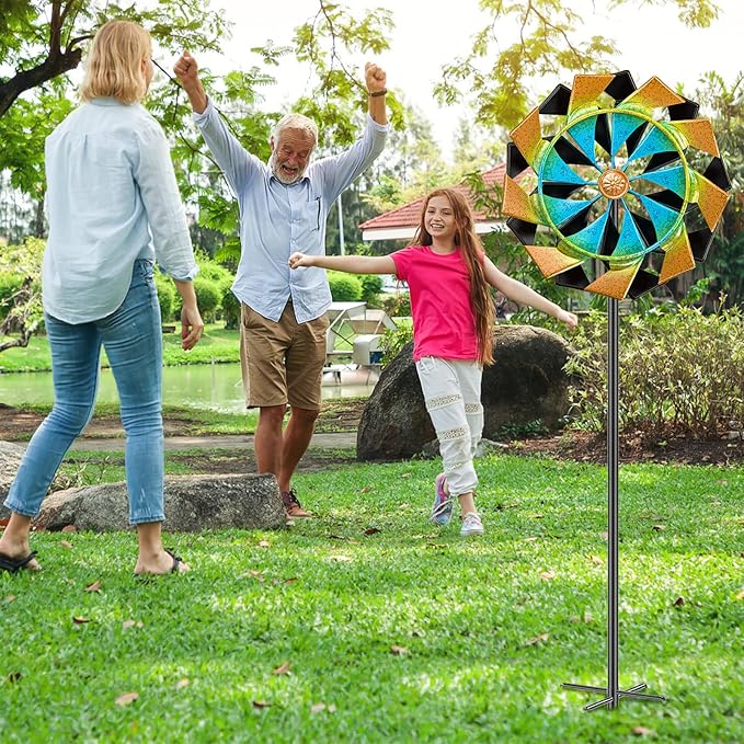 59 Inch Kinetic Wind Spinner Outdoor, Double Blade Wind Sculpture with 5 Prong Base, Garden Metal Pinwheel for Yard Lawn Patio Decor(Colorful)