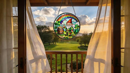Funoasis St. Patrick's Day Stained Glass Suncatcher - 6.3 Inches Shamrock Rainbow Gold Coin Window Hanging Ornaments for Irish Spring Home Decor