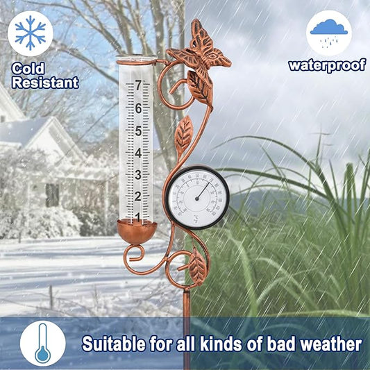 Butterfly Rain Gauge Garden Decor, 32" Thermometer Patio Decor, 7" Capacity Rain Gauge Replacement Tube Glass, Outdoor Temperature Patio Decor