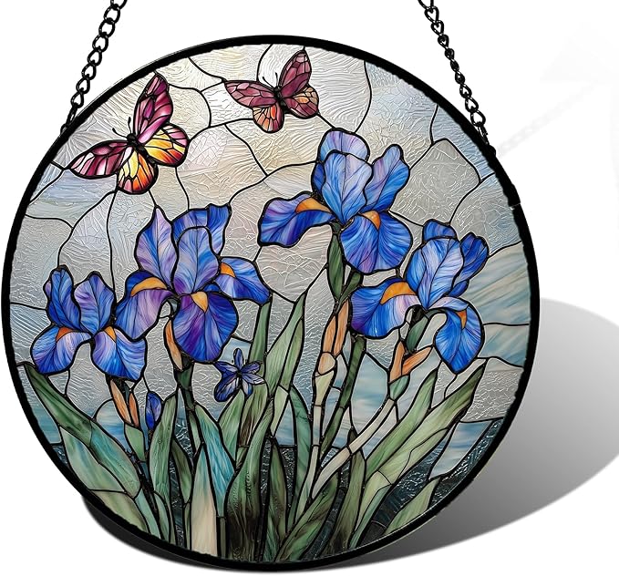 DASTOLL Stained Glass Window Hanging, Blue Iris Flowers Butterfly Suncatcher Diamond Colorful Glass Panel Sun Catchers Decor for Birthday for Women, Men, Wife, Aunt, and Mom 11.8 in
