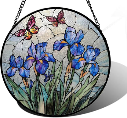 DASTOLL Stained Glass Window Hanging, Blue Iris Flowers Butterfly Suncatcher Diamond Colorful Glass Panel Sun Catchers Decor for Birthday for Women, Men, Wife, Aunt, and Mom 6.3 in