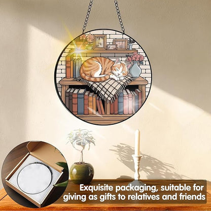 VAIIEYO Cat Sun Catcher Stained Glass Window Hanging Ornament, Handmade Bookshelf Sun Catcher Animal Decoration with Hooks for Window Garden Home, Mother's Day & Birthday Housewarming Gift (7.8 inch)