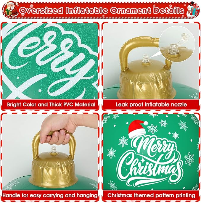 Flasoo 3 Pack Giant Christmas Ornaments, 24 Inch Inflatable Ornaments Balls Outdoor for Christmas Decorations, Giant Outdoor Jingle Bells for Front Door Yard Tree Hanging Decoration