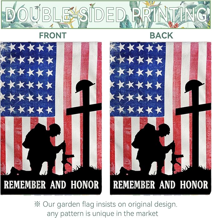 Memorial Day Garden Flags Veteran Soldier Patriotic Yard Flags American Flag Remember and Honor Cross Burlap Flag Independence Decorations for Outside 12 x 18 Double Sided