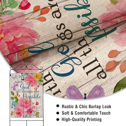 Artofy with God all Things are Possible Christian Home Decorative House Flag, Spring Summer Garden Yard Religious Outdoor Peony Flower, Inspirational Butterfly Outside Farmhouse Large Decor 28 x 40
